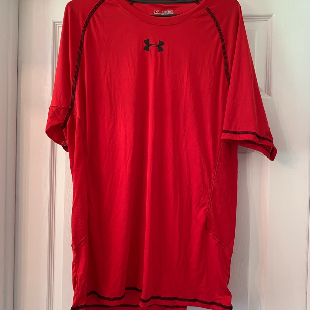 Red Under Armour T-shirt.